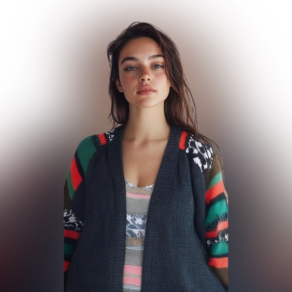 Ces Femme open front cardigan sweater size large XL fleece long sleeve red green - Picture 1 of 15